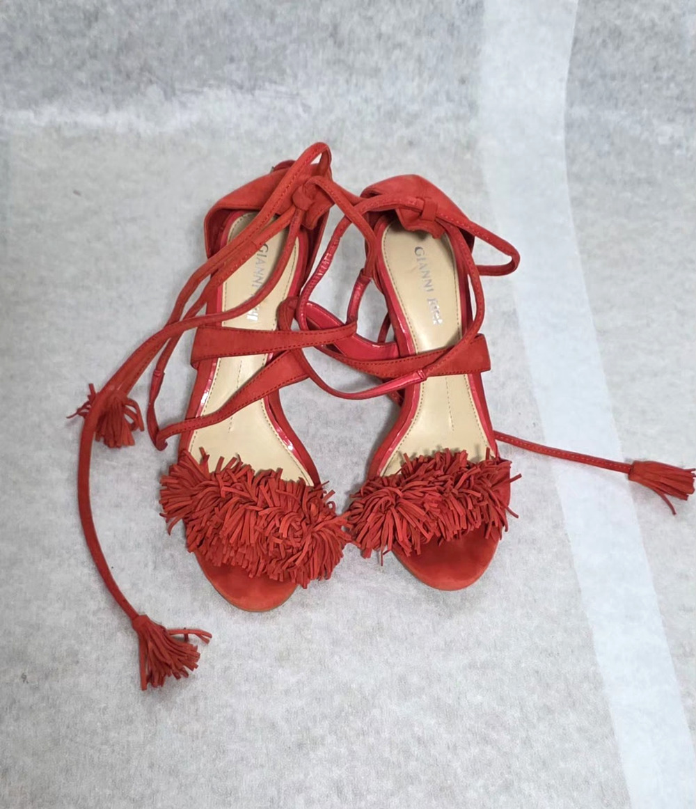 Gianni Bini Red Suede Fringe Tassel Lace Up Heeled Sandals Size 5.5M Boho